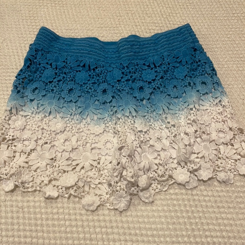 Crocheted shorts. Lined until last 2 inches. Smoked waistband.